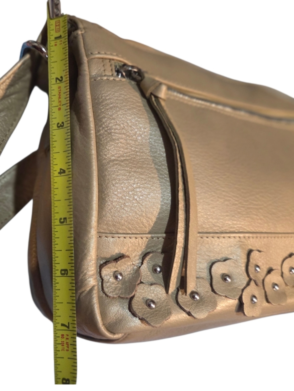 Great American Leather - NEW Shimmery Beige Leather Crossbody Bag Floral Studded - Picture 12 of 13